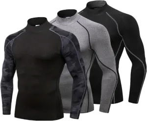LANBAOSI 3 Pack Mens Mock Turtleneck Compression Shirts Long Sleeve Sun Protection Shirts Cooling Workout Gym Tops Undershirt