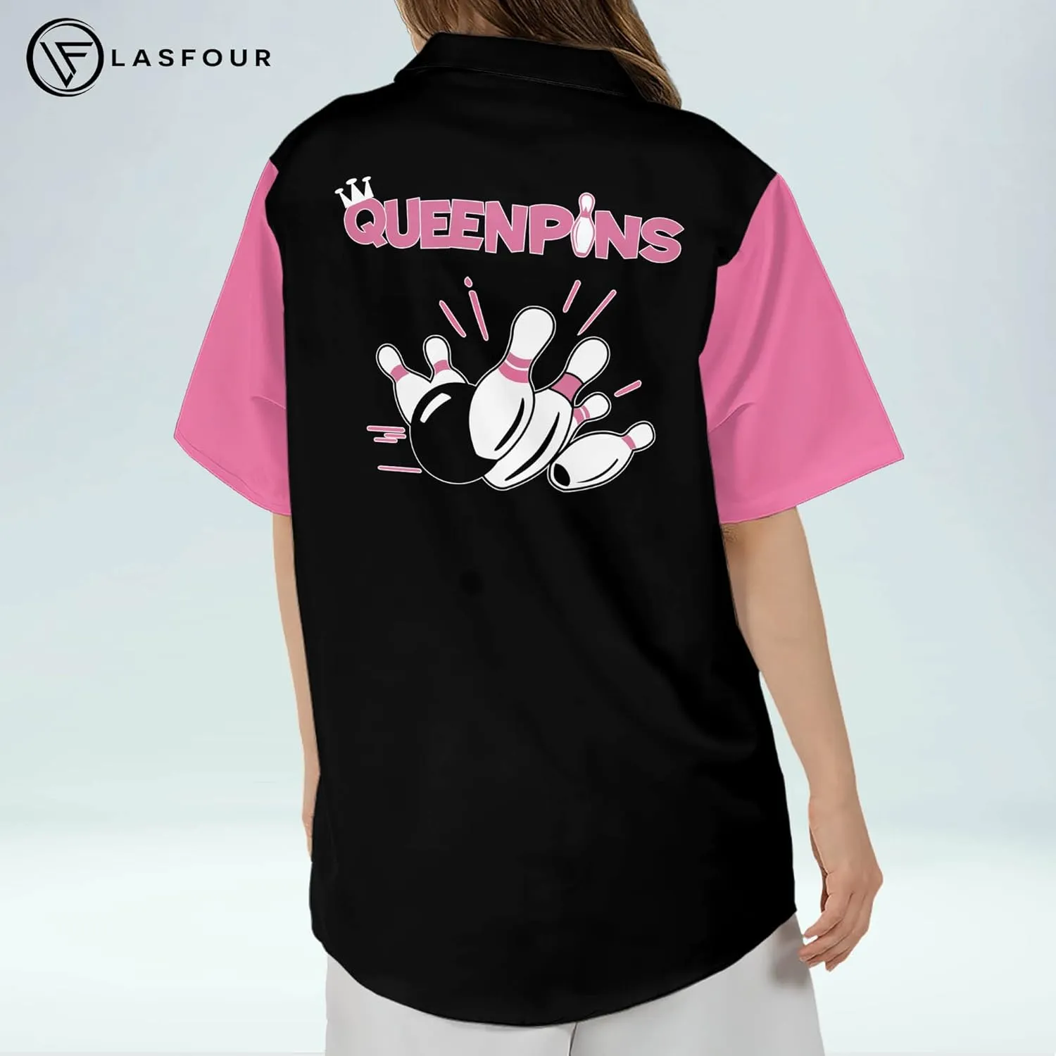 LASFOUR Personalized Queen Pins Pink Bowling Shirts for Women, Custom Quick-Dry Bowling Shirts Short Sleeve Polo for Girls