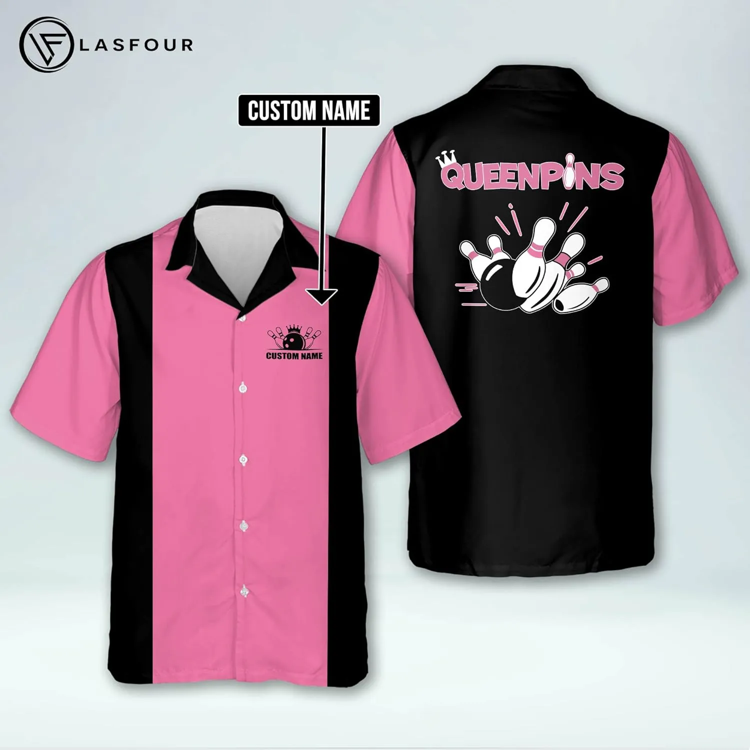 LASFOUR Personalized Queen Pins Pink Bowling Shirts for Women, Custom Quick-Dry Bowling Shirts Short Sleeve Polo for Girls
