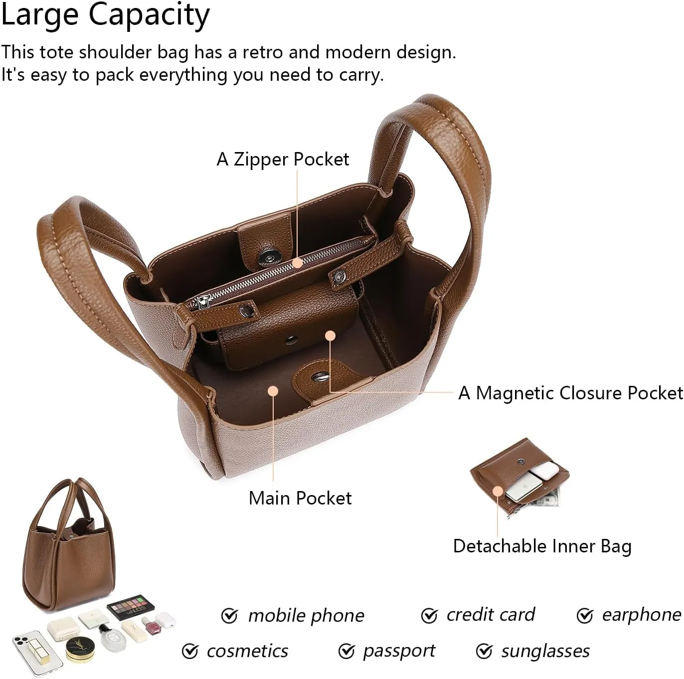 Leather Tote Bag Slouchy Handbag with Zipper Stylish for Women's