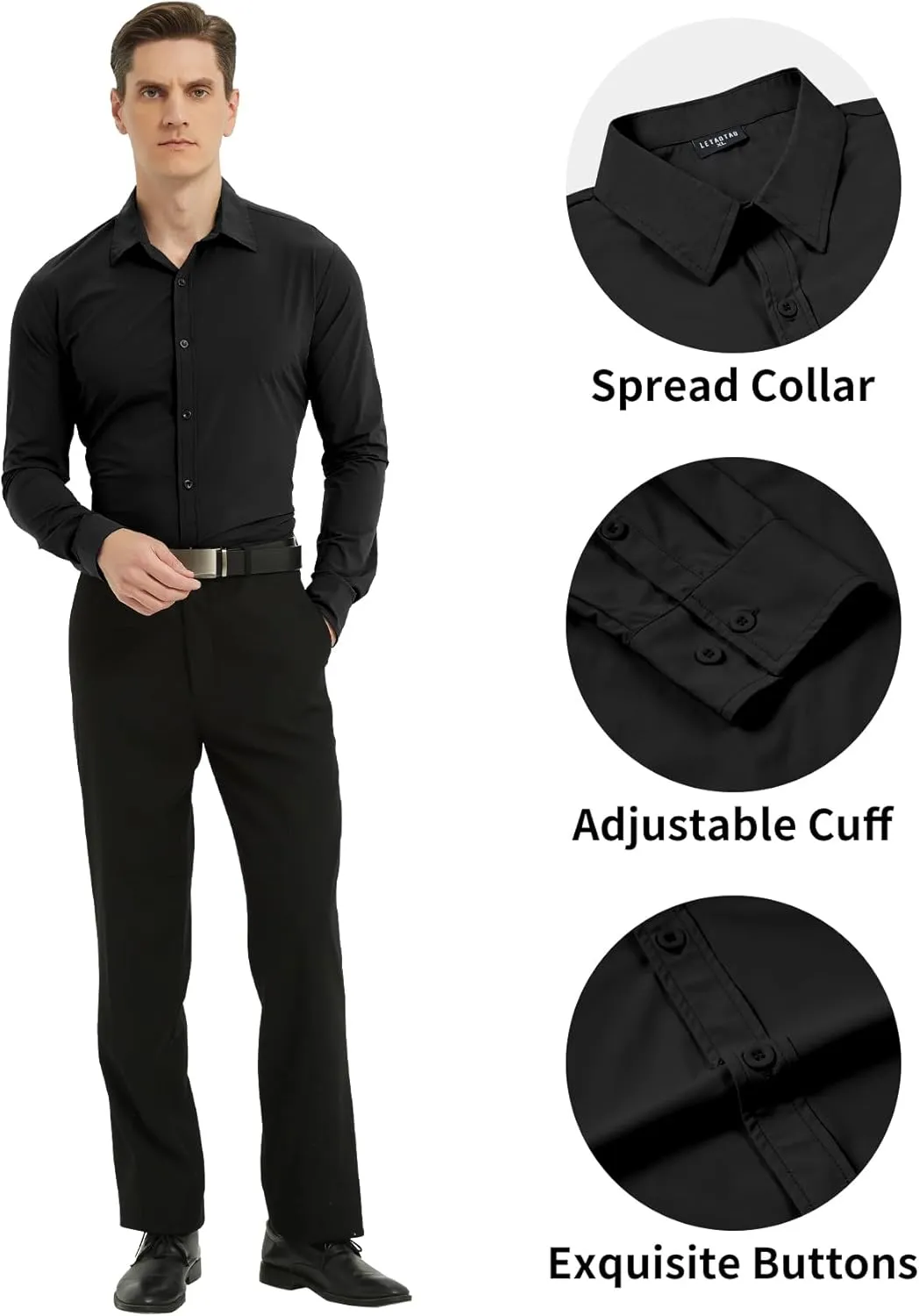 LETAOTAO Men Stretch Dress Shirts Slim Fit Solid Long Sleeve Wrinkle-Free Button Down Shirt for Men Casual Business Formal