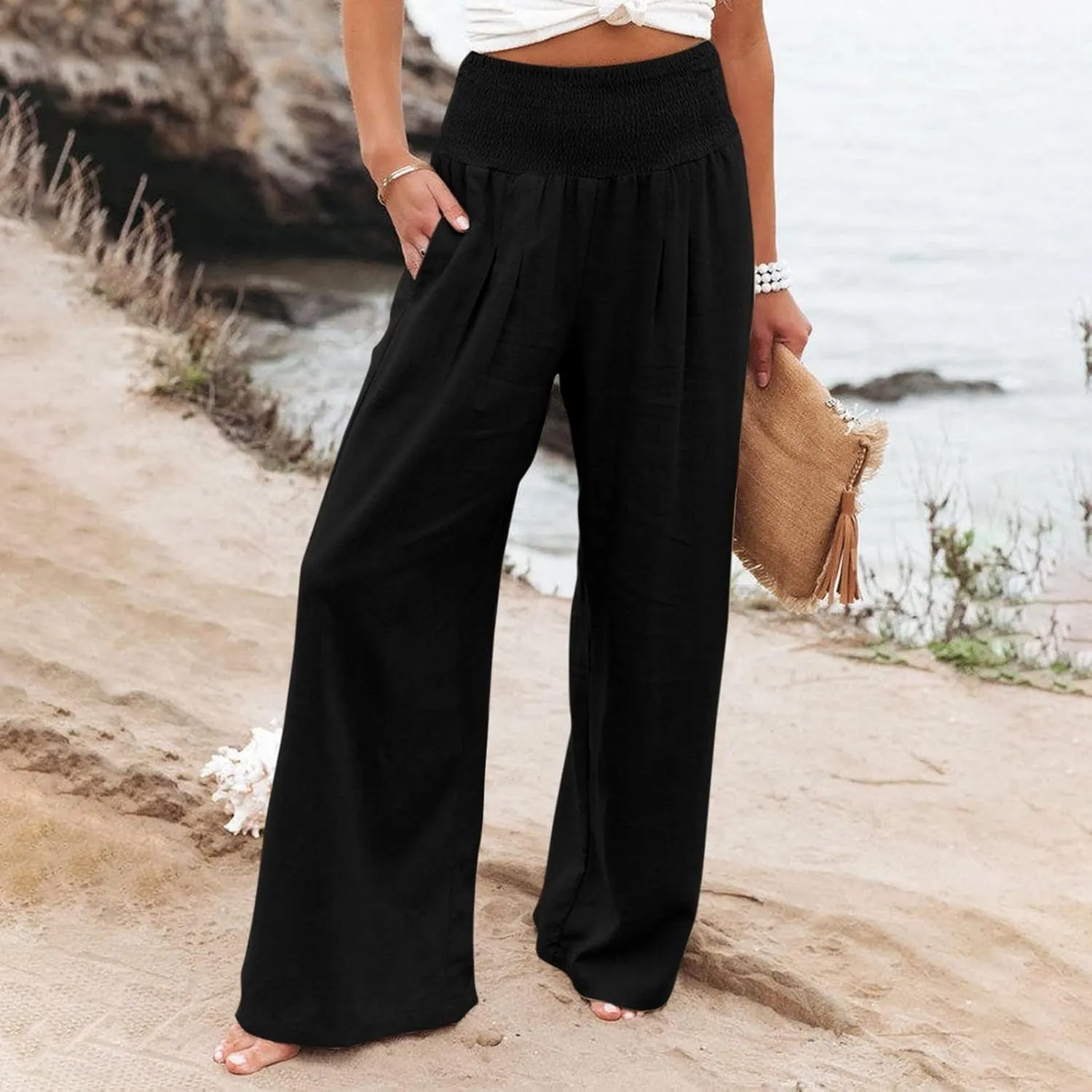 Linen Palazzo Pants for Women 2024 Summer High Waisted Wide Leg Pants Loose Casual Comfy Flowy Beach Lounge Trousers