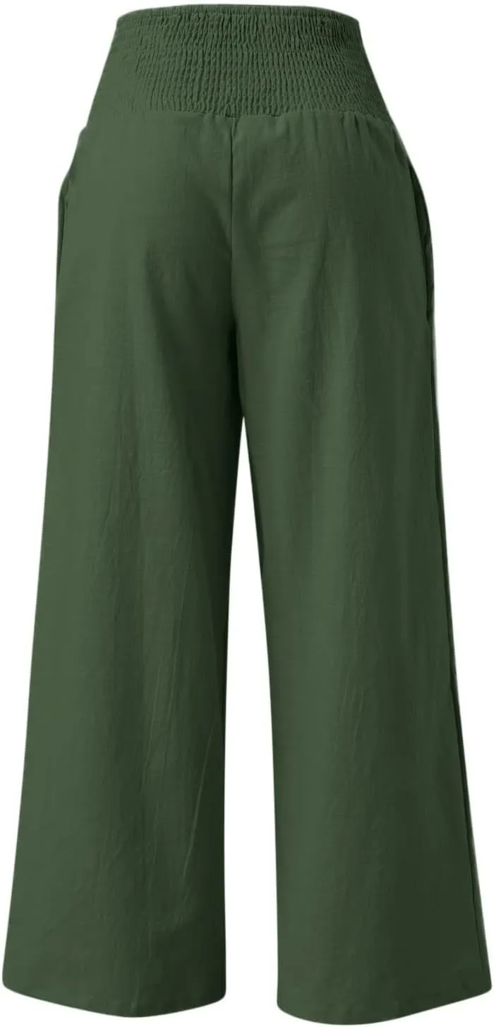 Linen Palazzo Pants for Women 2024 Summer High Waisted Wide Leg Pants Loose Casual Comfy Flowy Beach Lounge Trousers