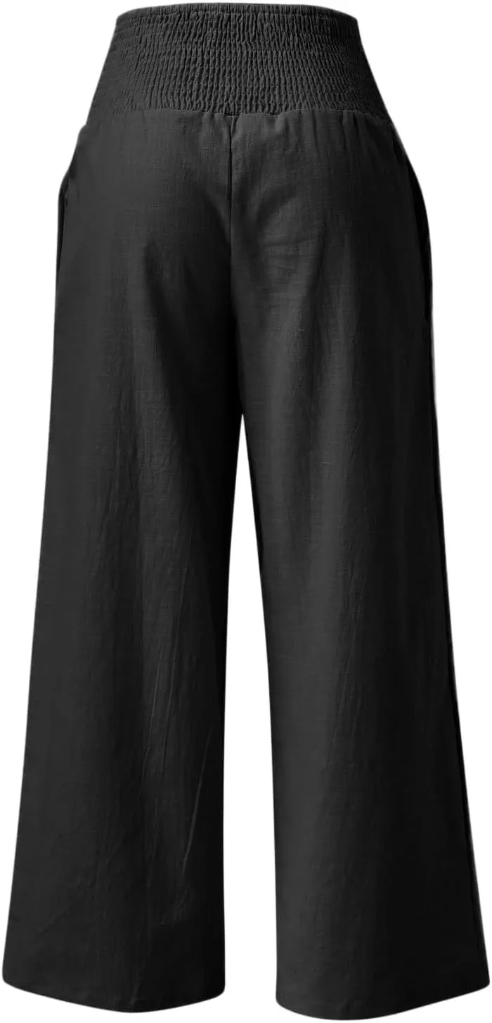 Linen Palazzo Pants for Women 2024 Summer High Waisted Wide Leg Pants Loose Casual Comfy Flowy Beach Lounge Trousers