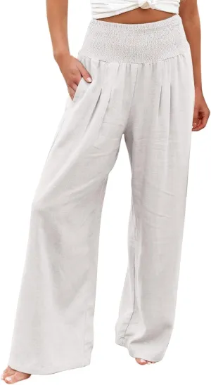 Linen Palazzo Pants for Women 2024 Summer High Waisted Wide Leg Pants Loose Casual Comfy Flowy Beach Lounge Trousers