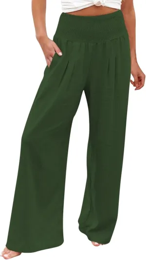 Linen Palazzo Pants for Women 2024 Summer High Waisted Wide Leg Pants Loose Casual Comfy Flowy Beach Lounge Trousers