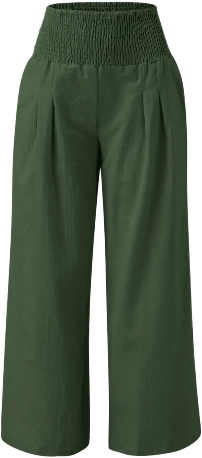 Linen Palazzo Pants for Women 2024 Summer High Waisted Wide Leg Pants Loose Casual Comfy Flowy Beach Lounge Trousers