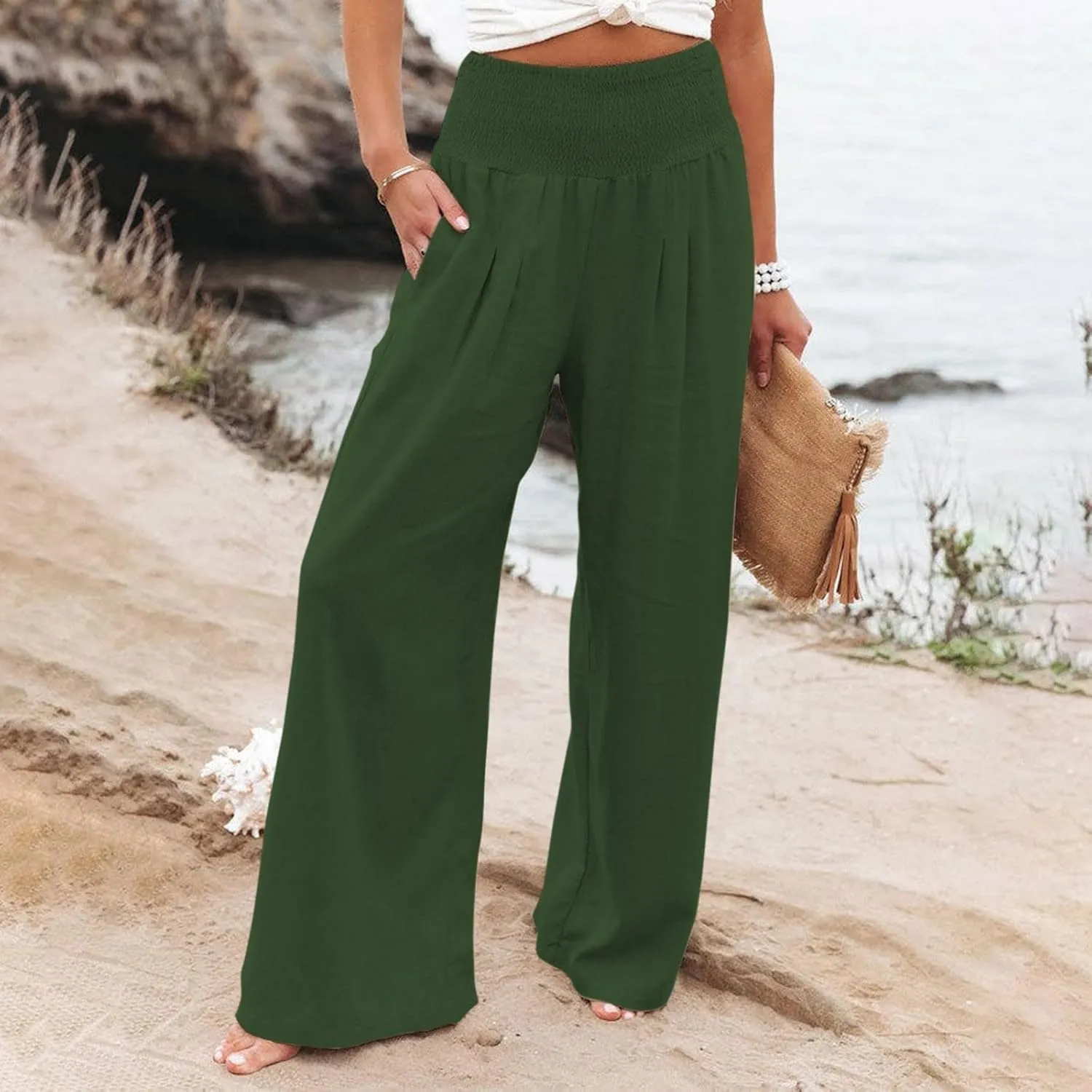 Linen Palazzo Pants for Women 2024 Summer High Waisted Wide Leg Pants Loose Casual Comfy Flowy Beach Lounge Trousers