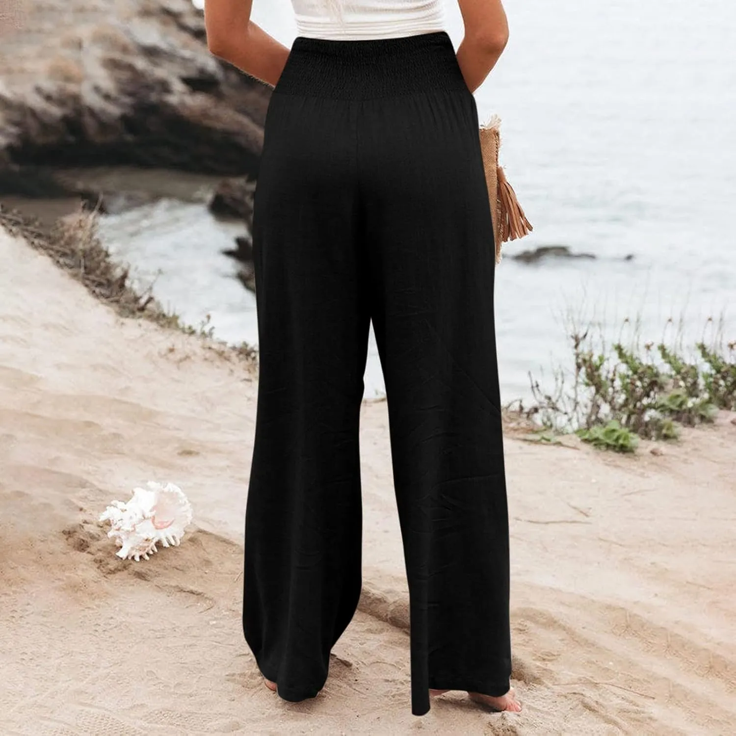 Linen Palazzo Pants for Women 2024 Summer High Waisted Wide Leg Pants Loose Casual Comfy Flowy Beach Lounge Trousers