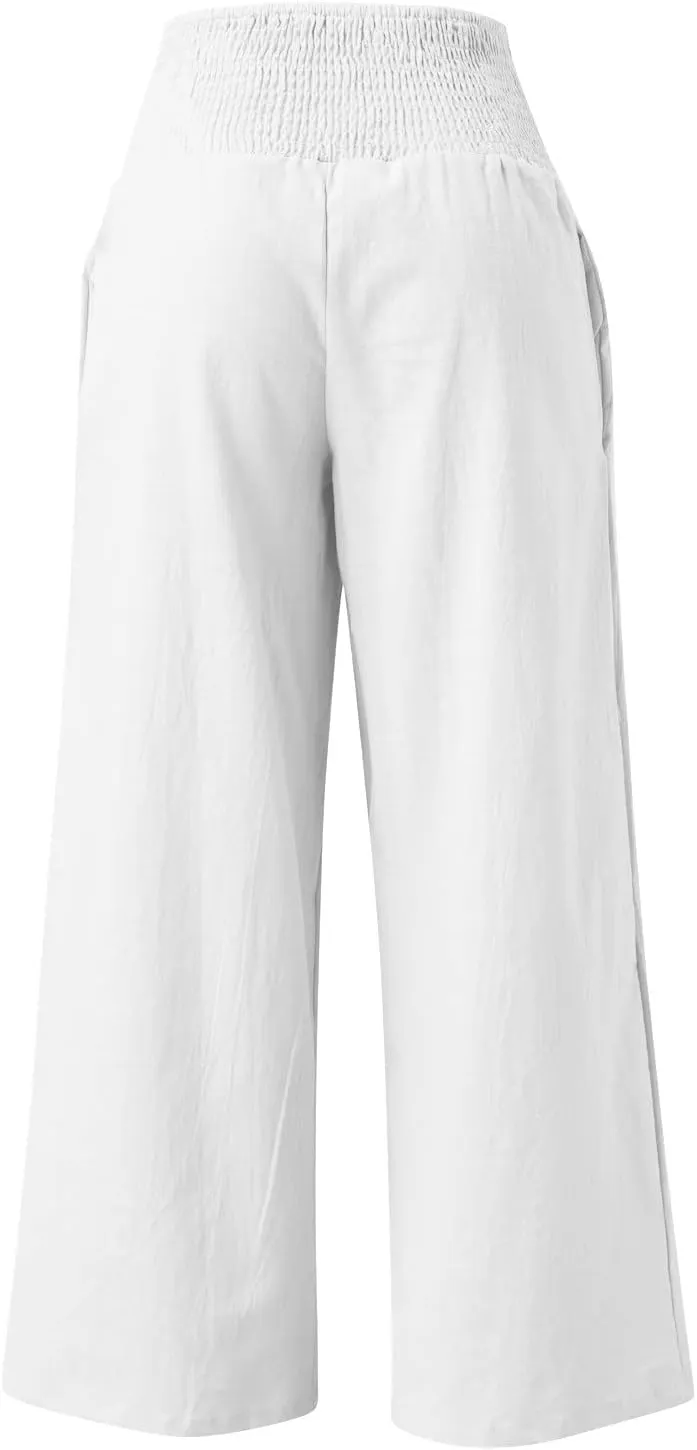 Linen Palazzo Pants for Women 2024 Summer High Waisted Wide Leg Pants Loose Casual Comfy Flowy Beach Lounge Trousers