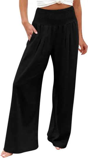 Linen Palazzo Pants for Women 2024 Summer High Waisted Wide Leg Pants Loose Casual Comfy Flowy Beach Lounge Trousers