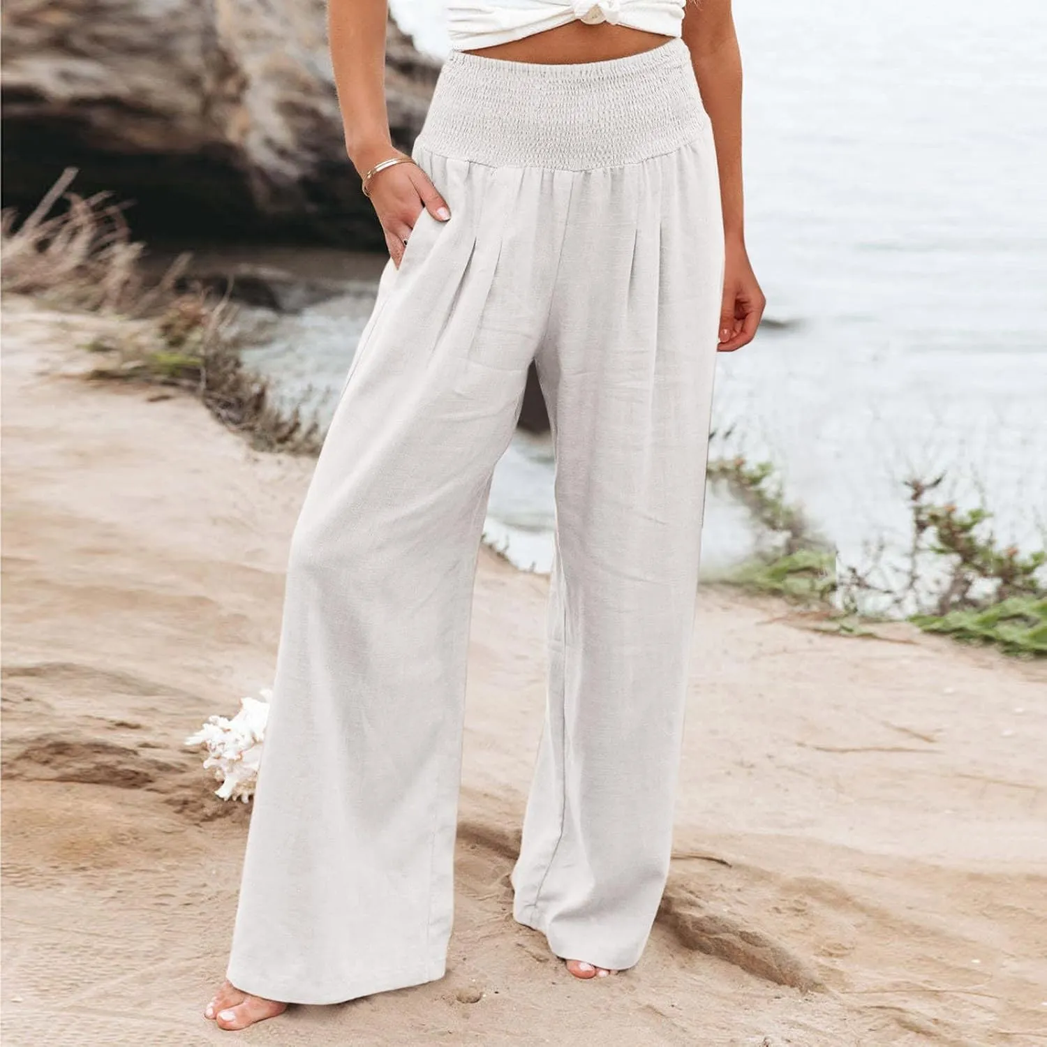 Linen Palazzo Pants for Women 2024 Summer High Waisted Wide Leg Pants Loose Casual Comfy Flowy Beach Lounge Trousers