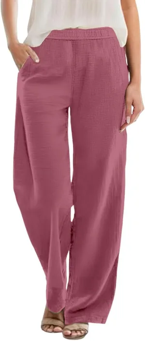 Linen Pants Women Casual Trousers with Pockets Lightweight Fabric Loose Fit Elastic Waist Summer Comfort