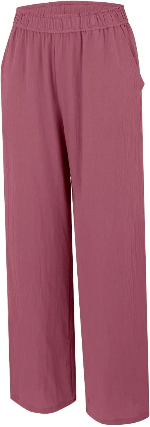 Linen Pants Women Casual Trousers with Pockets Lightweight Fabric Loose Fit Elastic Waist Summer Comfort
