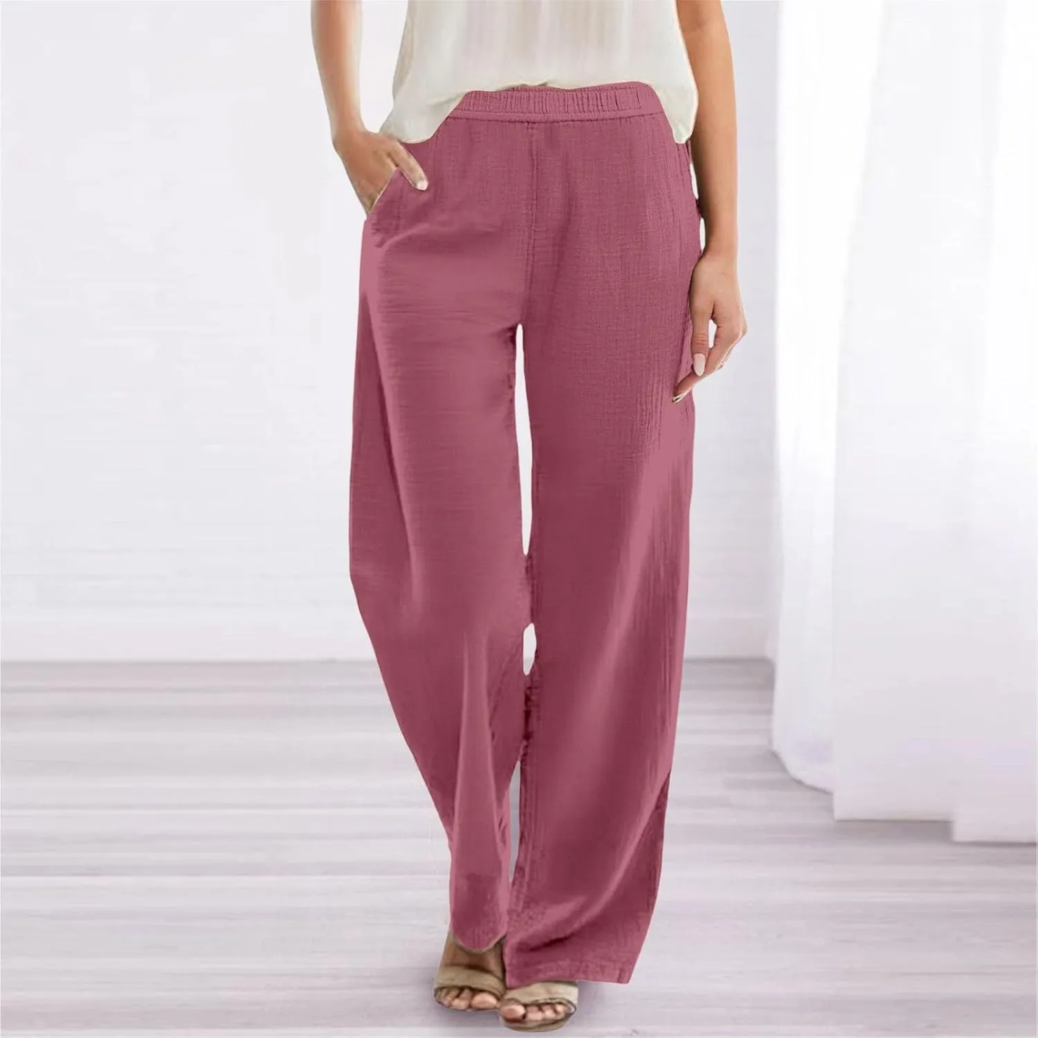 Linen Pants Women Casual Trousers with Pockets Lightweight Fabric Loose Fit Elastic Waist Summer Comfort
