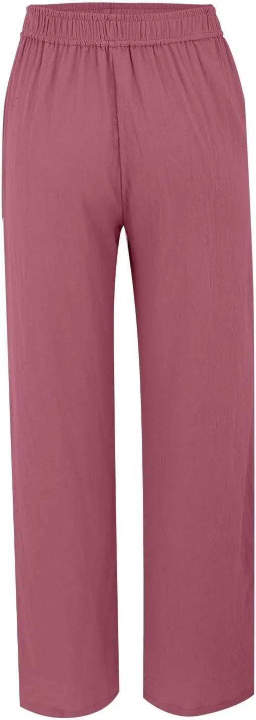 Linen Pants Women Casual Trousers with Pockets Lightweight Fabric Loose Fit Elastic Waist Summer Comfort