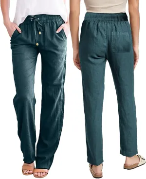 Linen Pants Women Wide Leg Trousers Elastic Waist Adjustable Drawstring Casual Summer Beachwear Lightweight Fabric