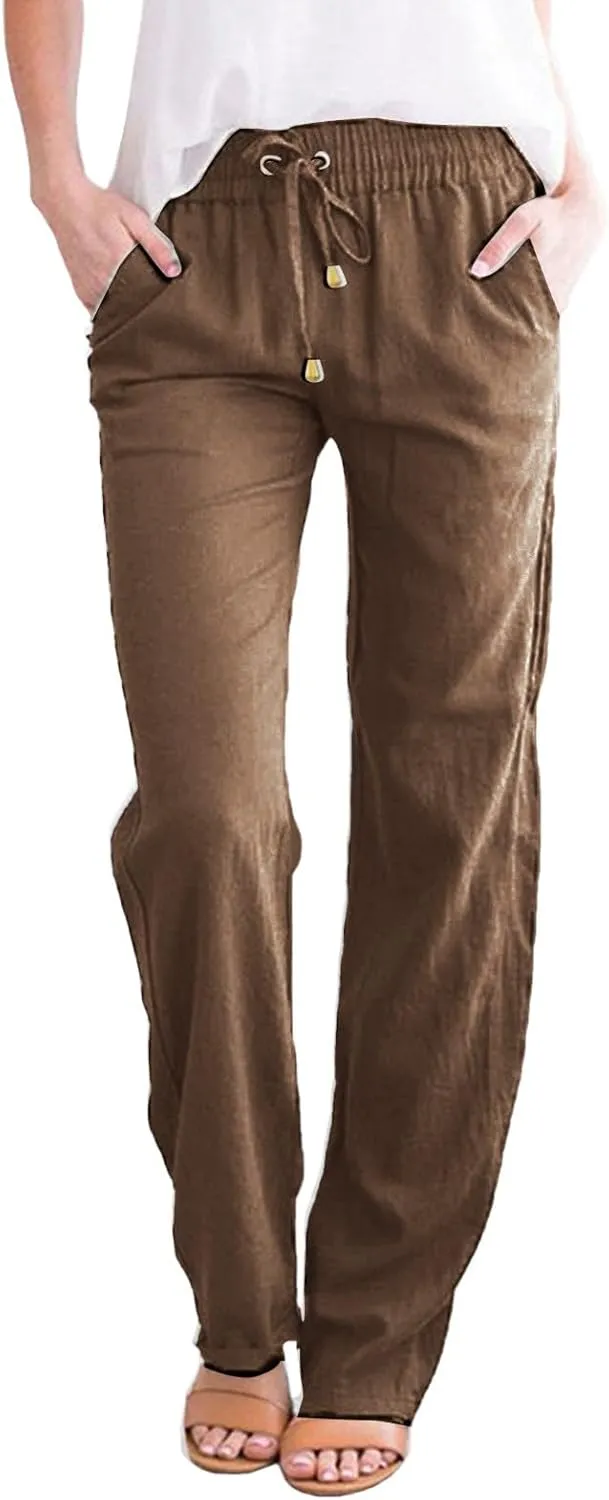 Linen Pants Women Wide Leg Trousers Elastic Waist Adjustable Drawstring Casual Summer Beachwear Lightweight Fabric