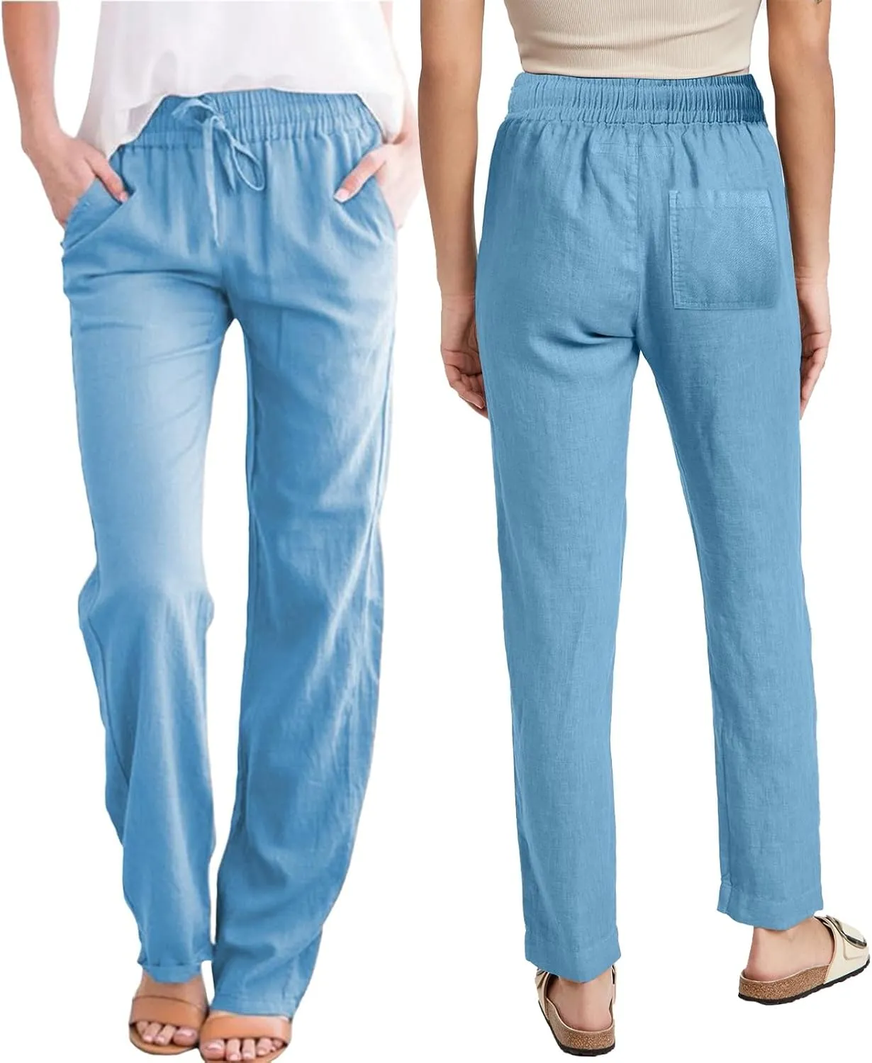 Linen Pants Women Wide Leg Trousers Elastic Waist Adjustable Drawstring Casual Summer Beachwear Lightweight Fabric