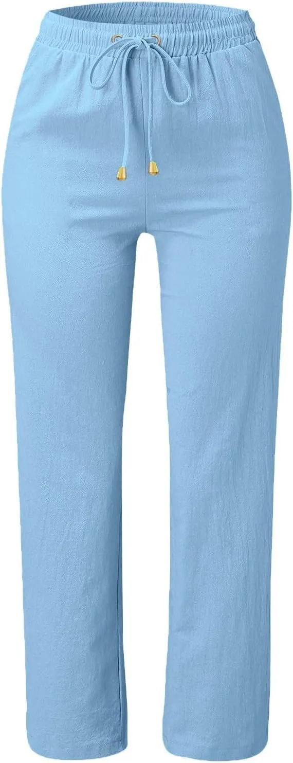 Linen Pants Women Wide Leg Trousers Elastic Waist Adjustable Drawstring Casual Summer Beachwear Lightweight Fabric
