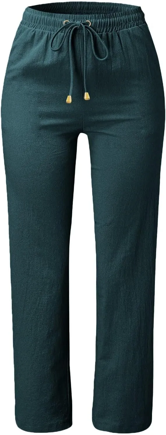 Linen Pants Women Wide Leg Trousers Elastic Waist Adjustable Drawstring Casual Summer Beachwear Lightweight Fabric