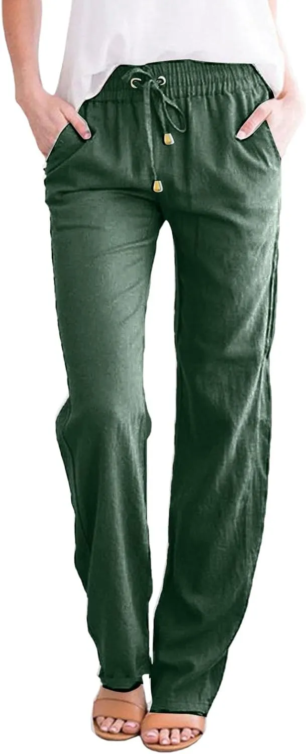 Linen Pants Women Wide Leg Trousers Elastic Waist Adjustable Drawstring Casual Summer Beachwear Lightweight Fabric