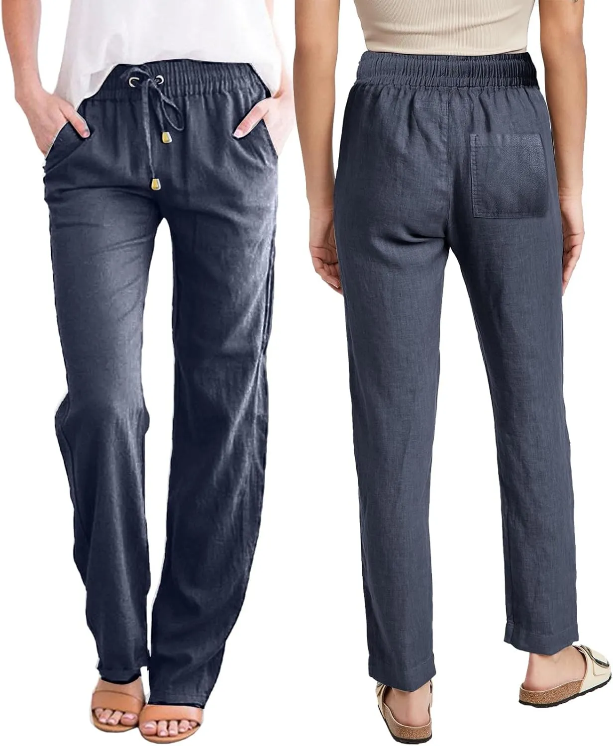 Linen Pants Women Wide Leg Trousers Elastic Waist Adjustable Drawstring Casual Summer Beachwear Lightweight Fabric