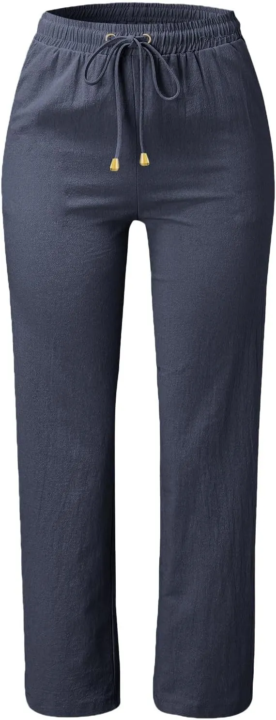 Linen Pants Women Wide Leg Trousers Elastic Waist Adjustable Drawstring Casual Summer Beachwear Lightweight Fabric