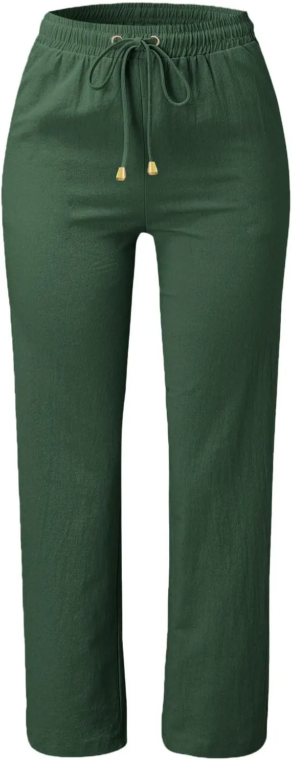 Linen Pants Women Wide Leg Trousers Elastic Waist Adjustable Drawstring Casual Summer Beachwear Lightweight Fabric