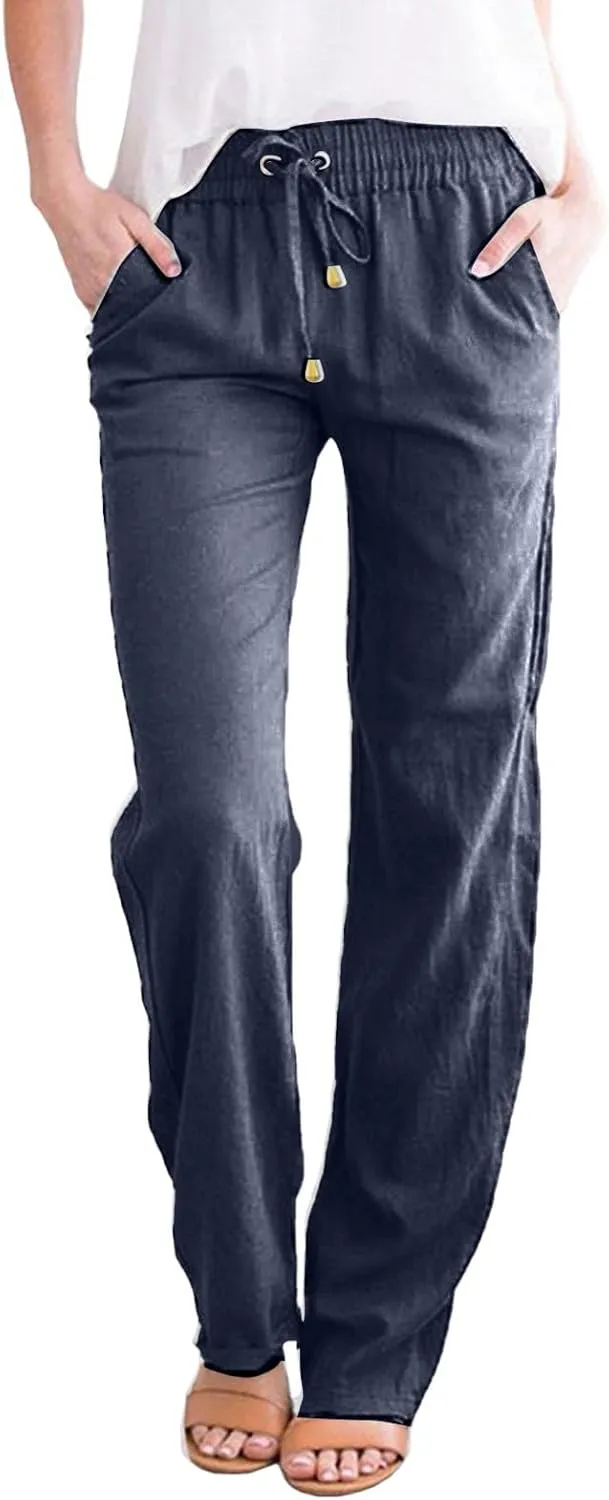 Linen Pants Women Wide Leg Trousers Elastic Waist Adjustable Drawstring Casual Summer Beachwear Lightweight Fabric