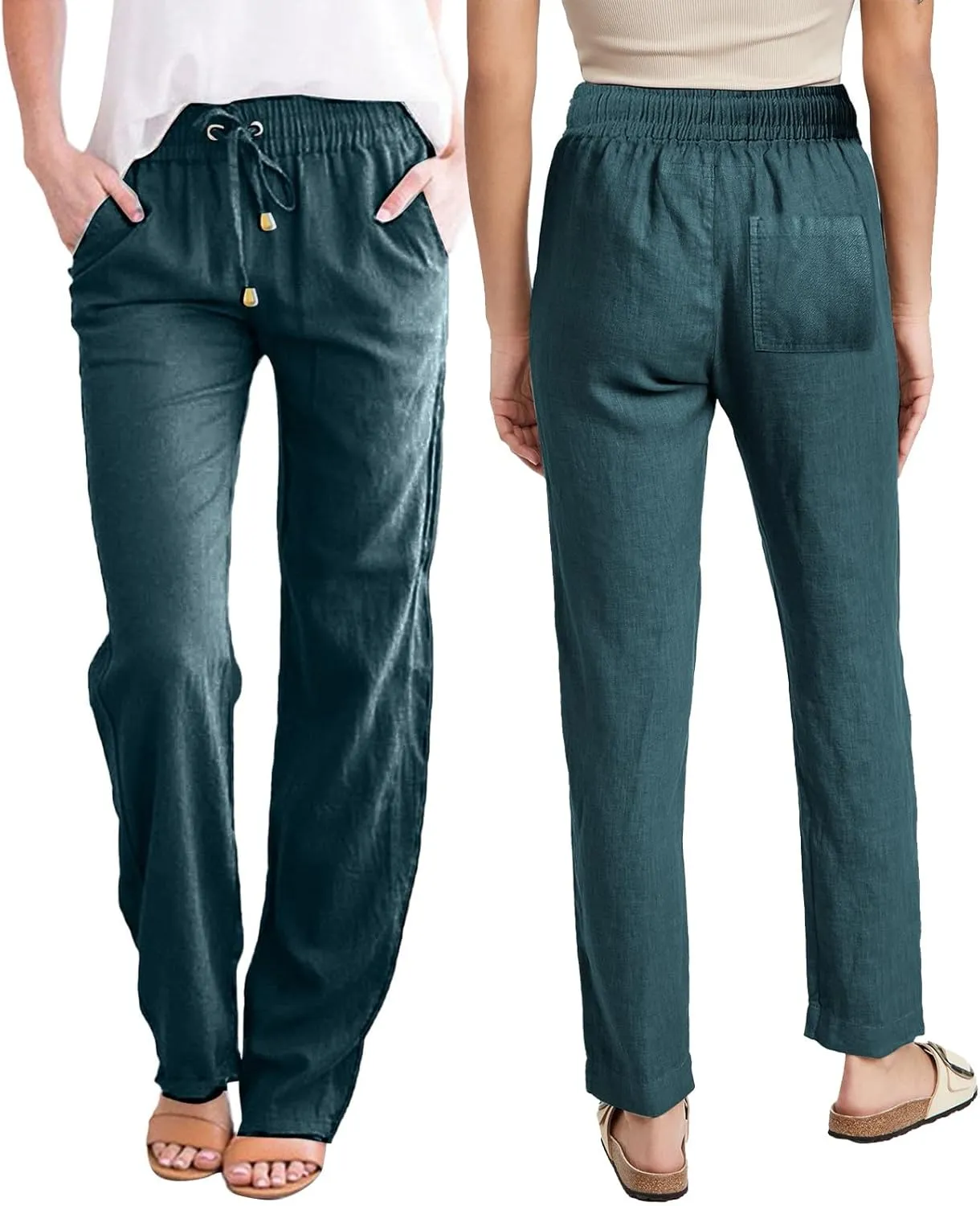 Linen Pants Women Wide Leg Trousers Elastic Waist Adjustable Drawstring Casual Summer Beachwear Lightweight Fabric