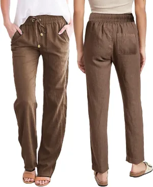 Linen Pants Women Wide Leg Trousers Elastic Waist Adjustable Drawstring Casual Summer Beachwear Lightweight Fabric