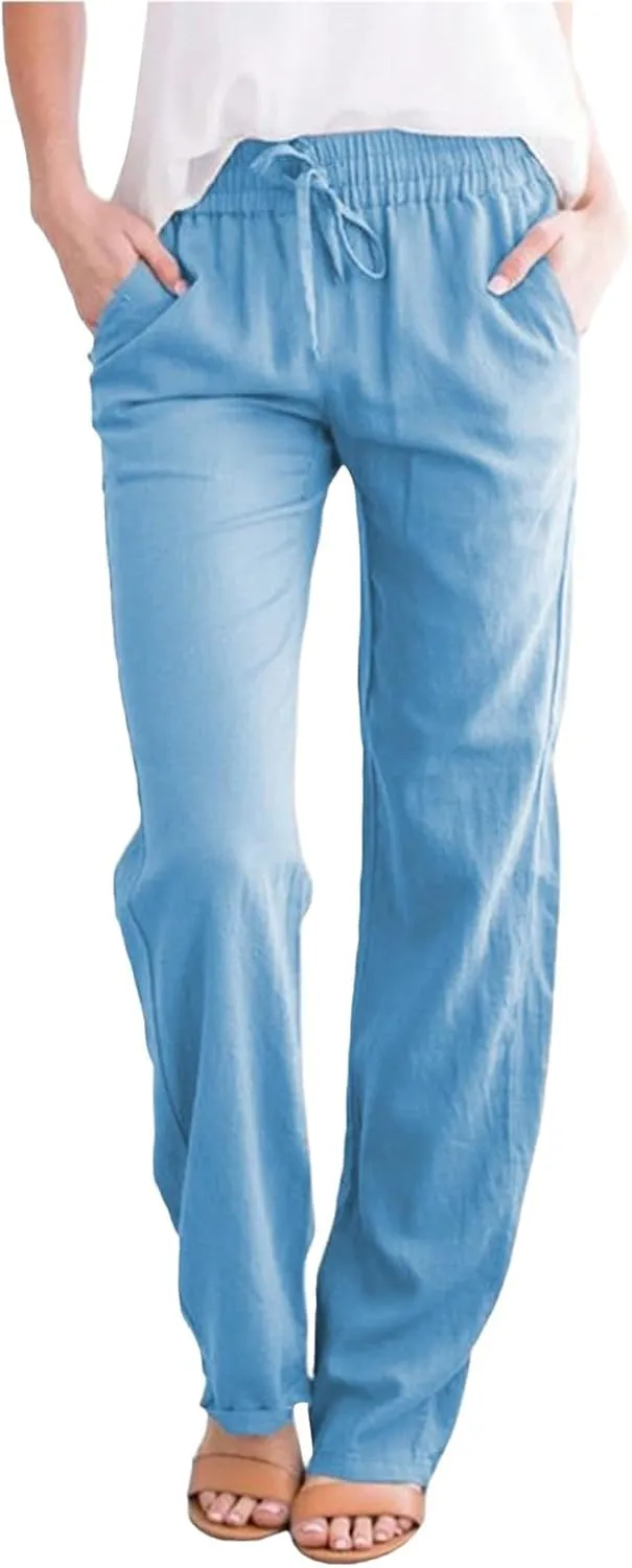 Linen Pants Women Wide Leg Trousers Elastic Waist Adjustable Drawstring Casual Summer Beachwear Lightweight Fabric