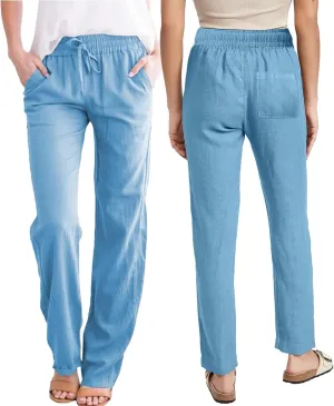 Linen Pants Women Wide Leg Trousers Elastic Waist Adjustable Drawstring Casual Summer Beachwear Lightweight Fabric
