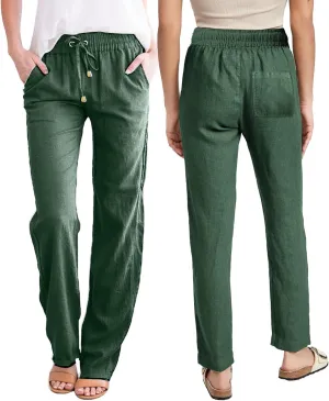 Linen Pants Women Wide Leg Trousers Elastic Waist Adjustable Drawstring Casual Summer Beachwear Lightweight Fabric