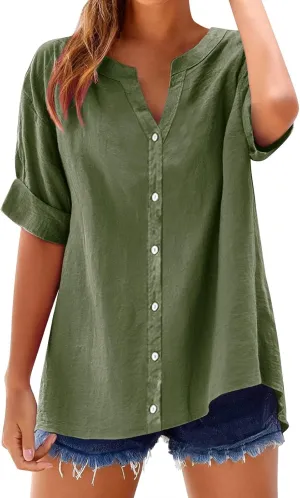 Linen Shirts for Women Button Down Shirt Gauze Cotton Short Sleeve Loose Fit Blouse Collared Casual Work Top