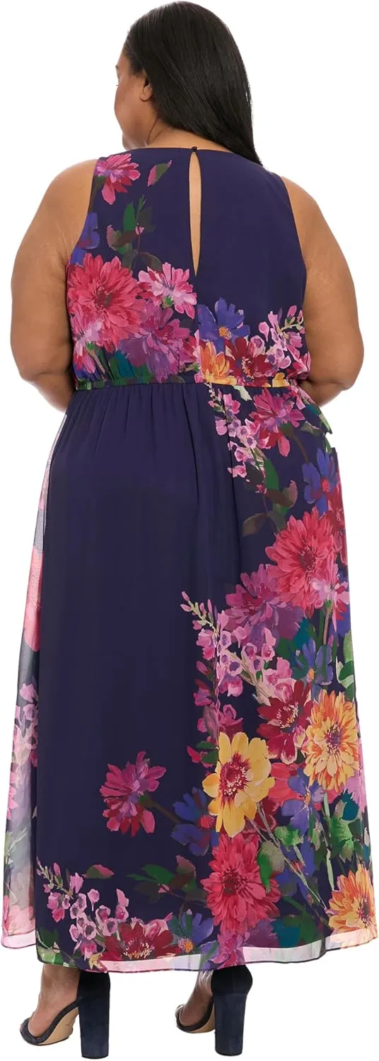 London Times Women's Sleeveless High Neck Maxi-Floral Border Print Special Occasion A-line Wedding Guest Dress