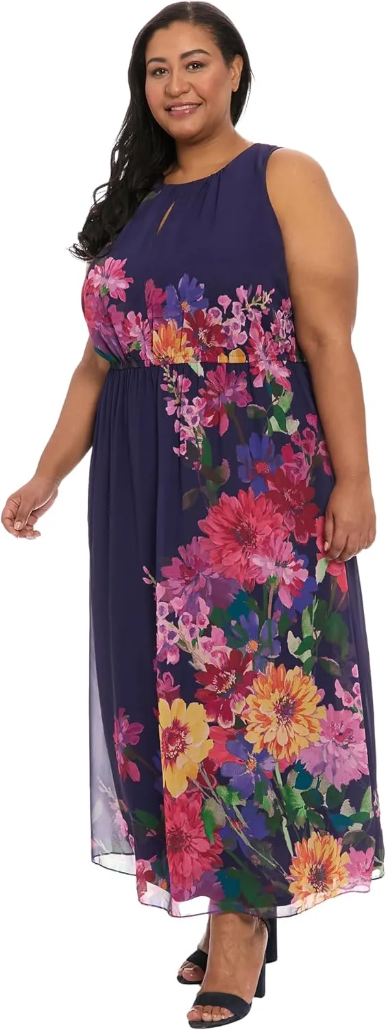London Times Women's Sleeveless High Neck Maxi-Floral Border Print Special Occasion A-line Wedding Guest Dress