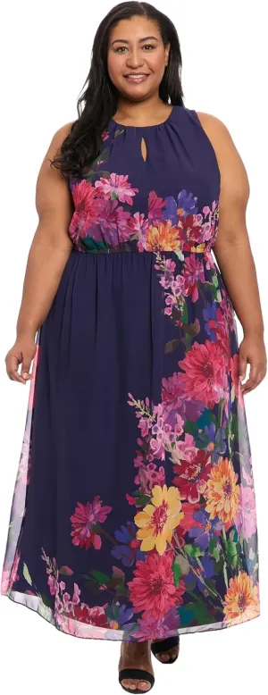 London Times Women's Sleeveless High Neck Maxi-Floral Border Print Special Occasion A-line Wedding Guest Dress