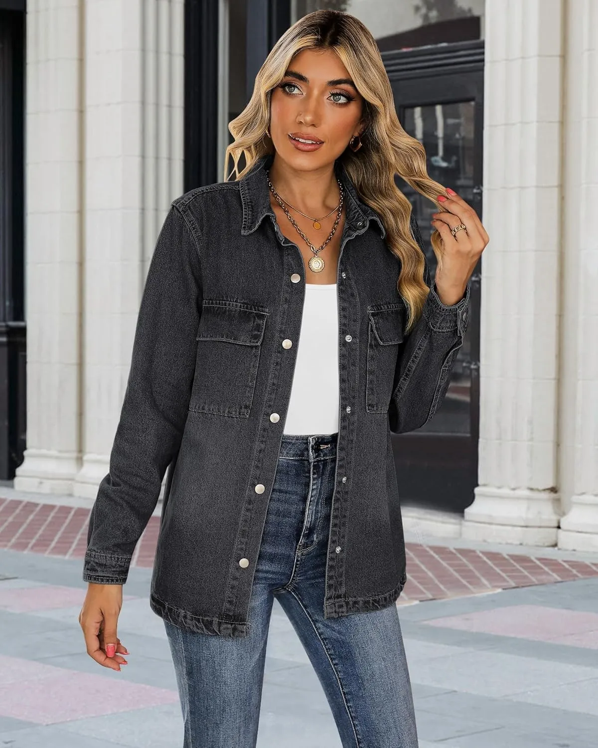 luvamia 2025 Spring Jean Jackets for Women Fashion Oversized Button Down Denim Jacket Western Shacket Jacket with Pockets