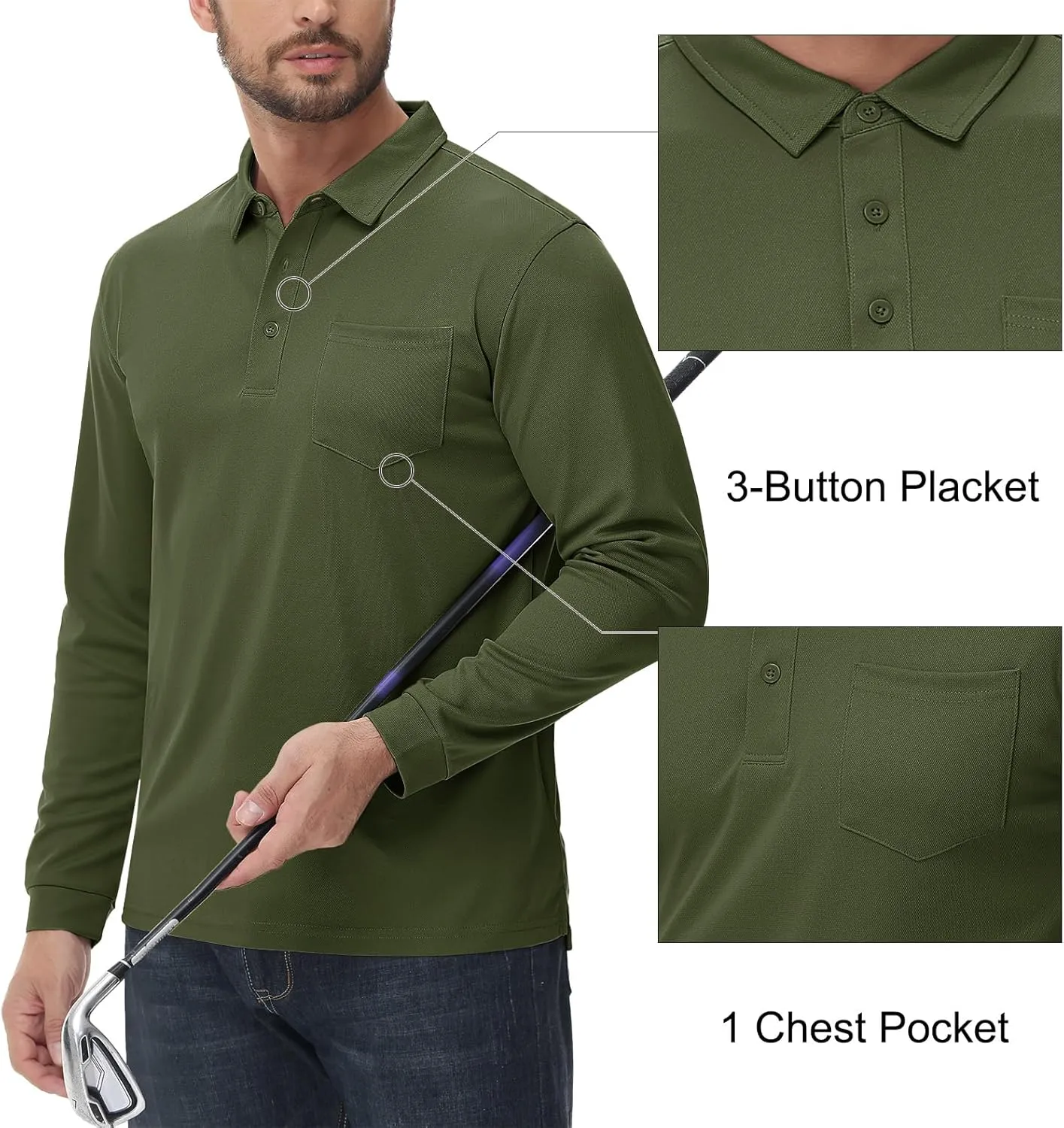 MAGCOMSEN Men's Polo Shirts with Pocket Long Sleeve Golf Quick Dry Shirts Performance Athletic Work Casual Collared Shirt