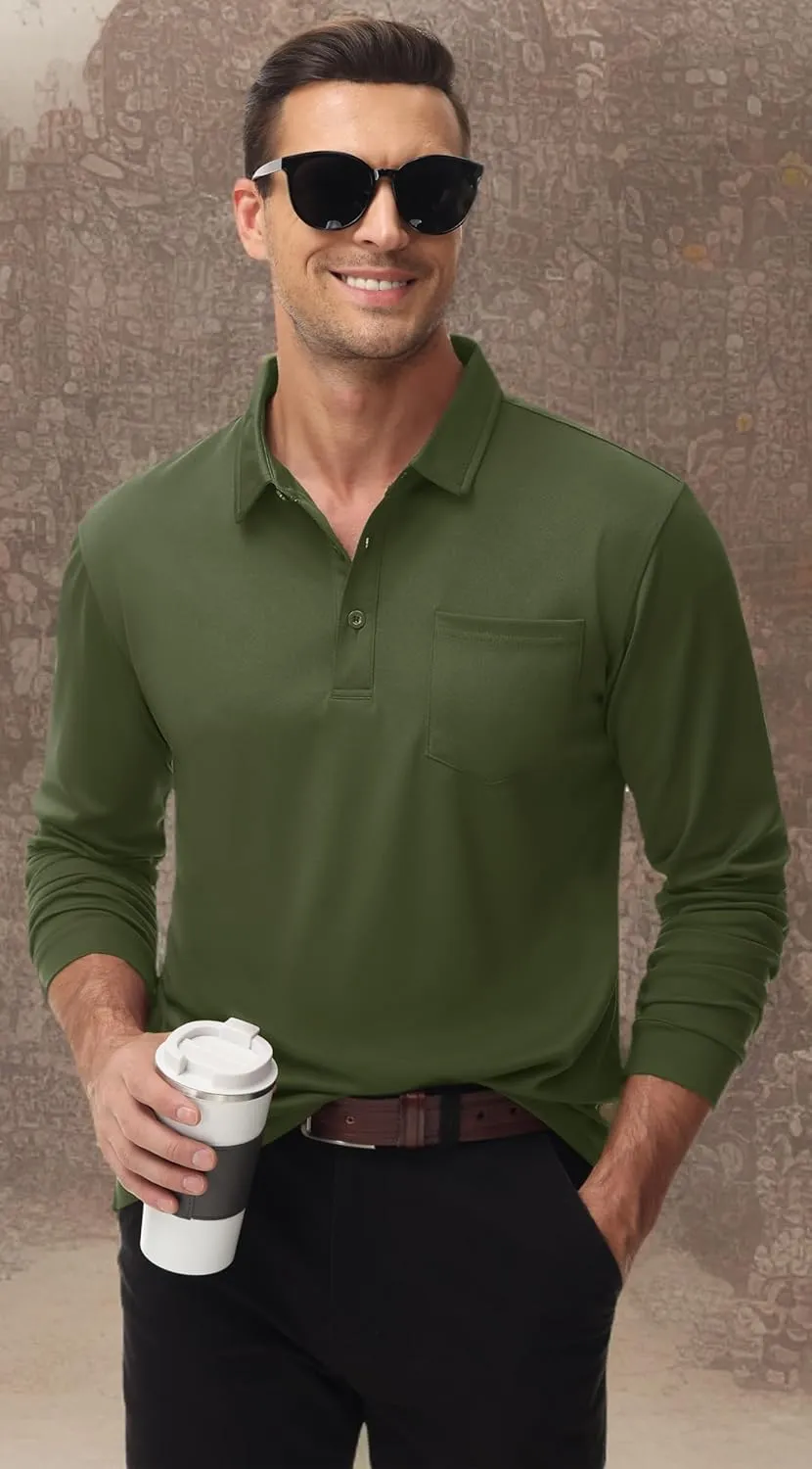 MAGCOMSEN Men's Polo Shirts with Pocket Long Sleeve Golf Quick Dry Shirts Performance Athletic Work Casual Collared Shirt
