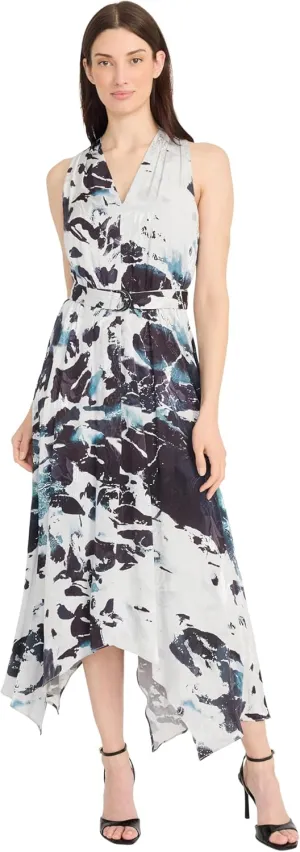 Maggy London Women's Sleeveless V-Neck Jacquard Midi Asymmetrical Handkerchief Hem Special Occasion A-line Dress