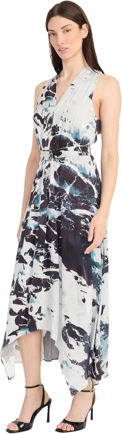 Maggy London Women's Sleeveless V-Neck Jacquard Midi Asymmetrical Handkerchief Hem Special Occasion A-line Dress