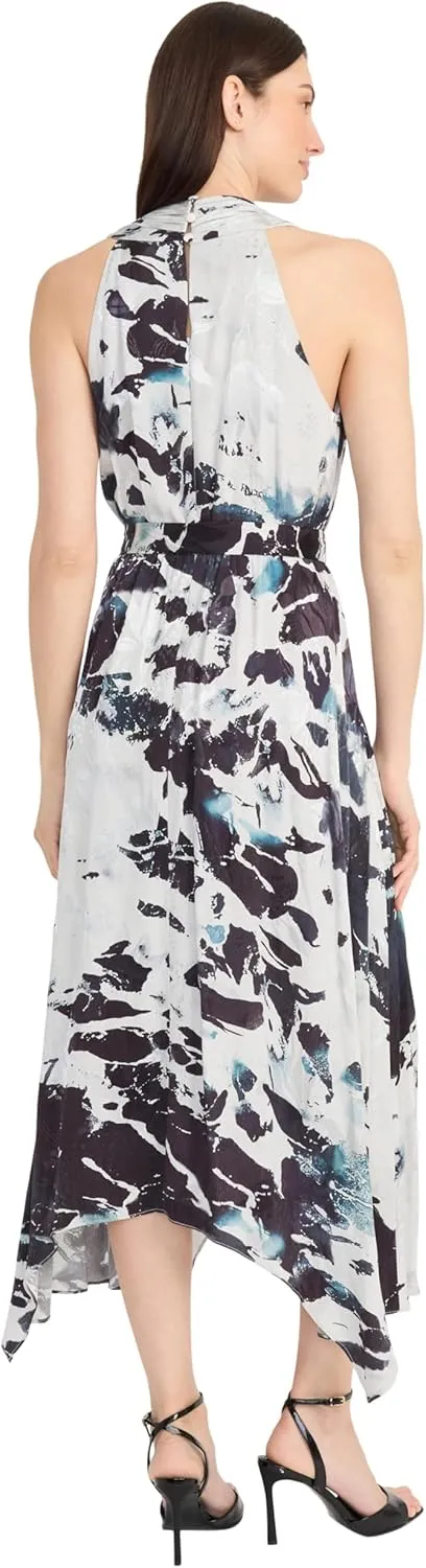 Maggy London Women's Sleeveless V-Neck Jacquard Midi Asymmetrical Handkerchief Hem Special Occasion A-line Dress