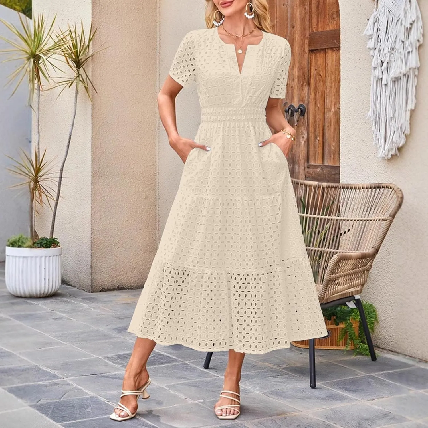 Maxi Dresses for Women 2025 Eyelet Summer Dress V Neck Short Sleeve Hollow Out A Line Flowy Beach Vacation Clothes