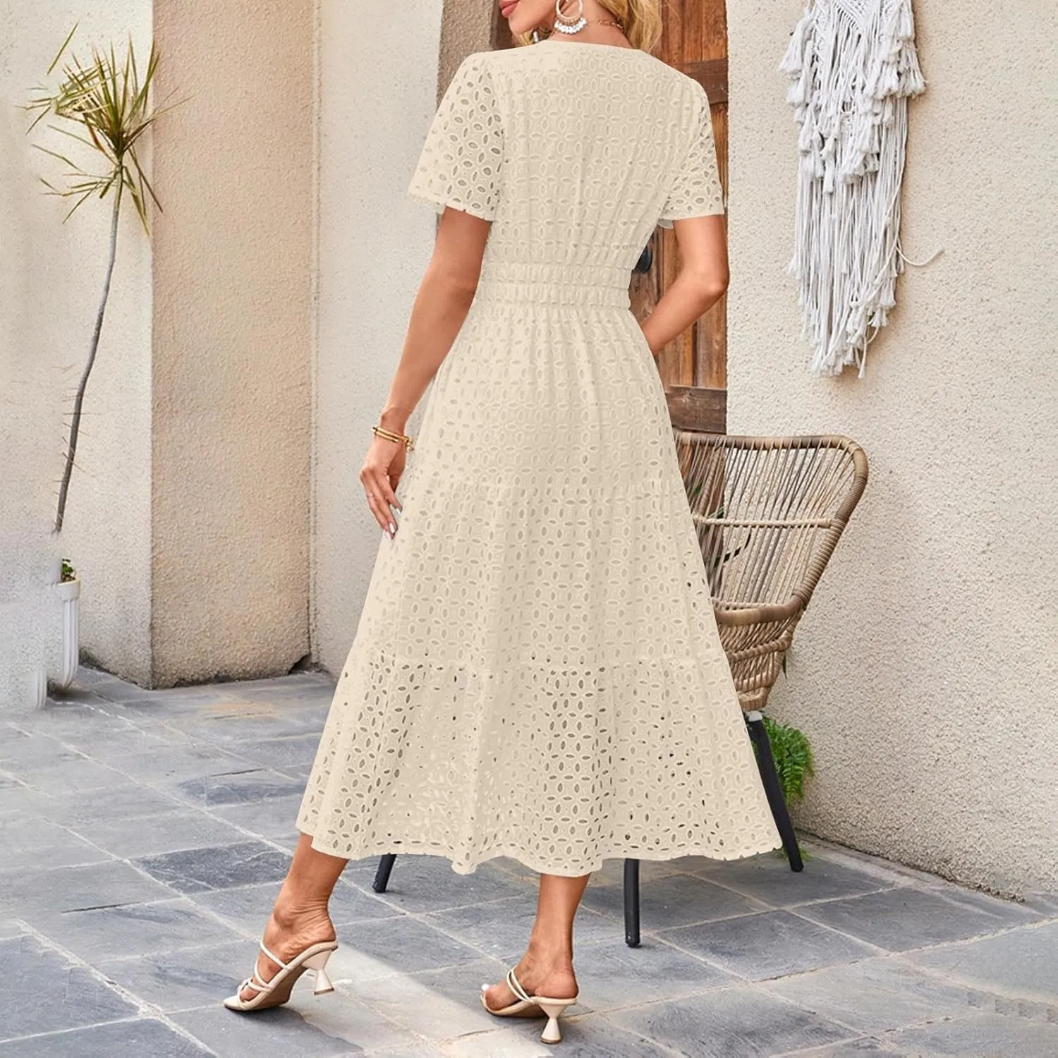 Maxi Dresses for Women 2025 Eyelet Summer Dress V Neck Short Sleeve Hollow Out A Line Flowy Beach Vacation Clothes