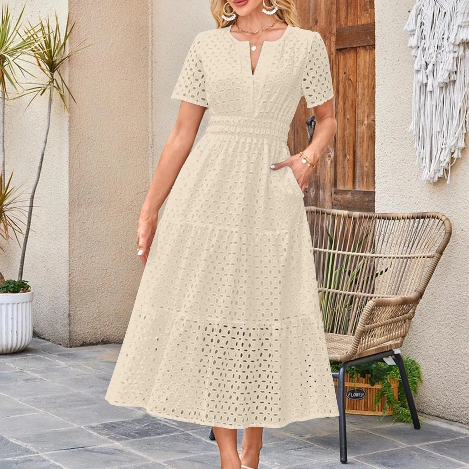 Maxi Dresses for Women 2025 Eyelet Summer Dress V Neck Short Sleeve Hollow Out A Line Flowy Beach Vacation Clothes