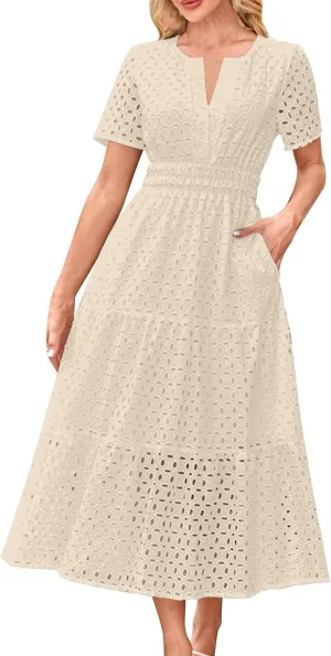 Maxi Dresses for Women 2025 Eyelet Summer Dress V Neck Short Sleeve Hollow Out A Line Flowy Beach Vacation Clothes