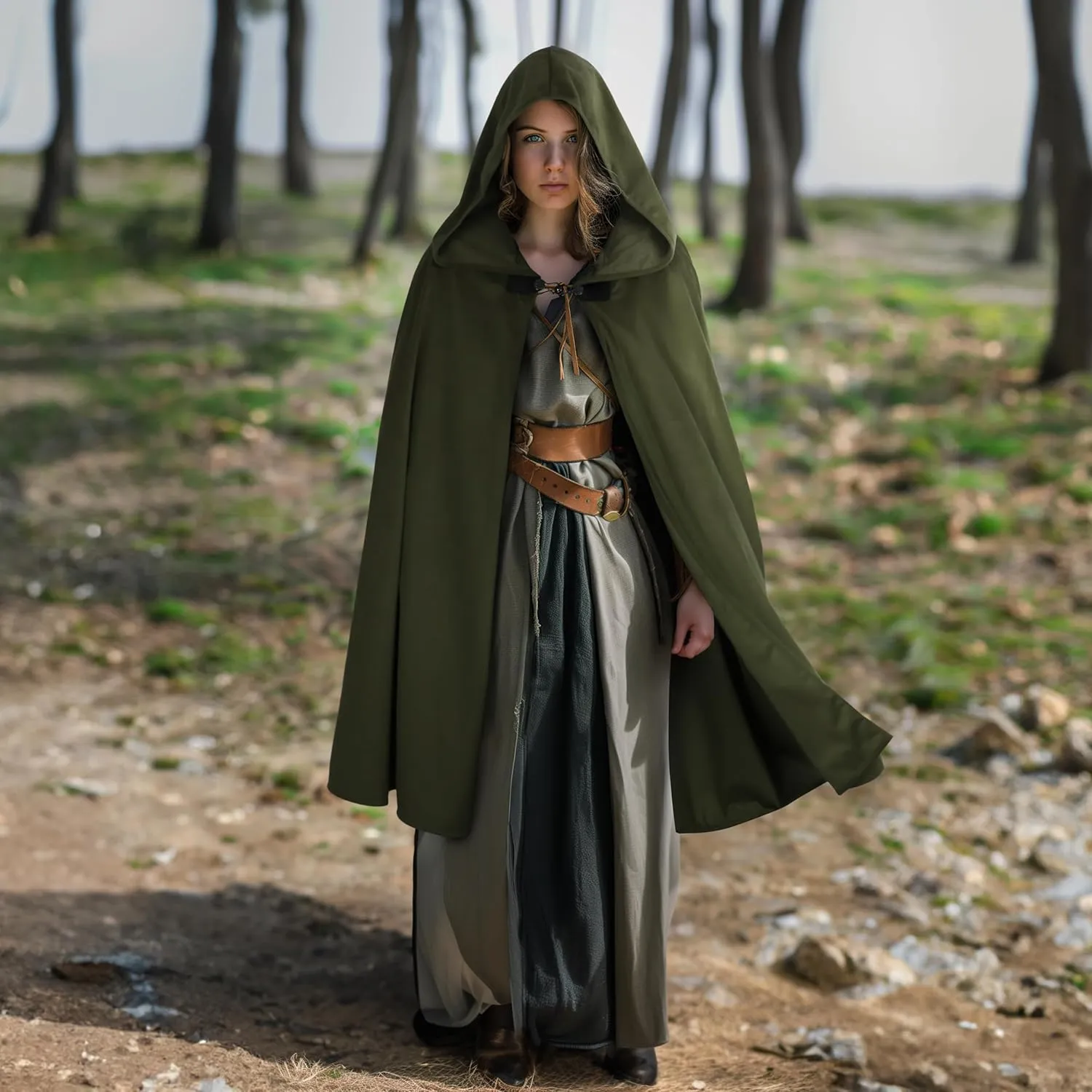 MCJC Medieval Hooded Cape Renaissance Cloak with Clasp for Women,Adult Halloween Costume